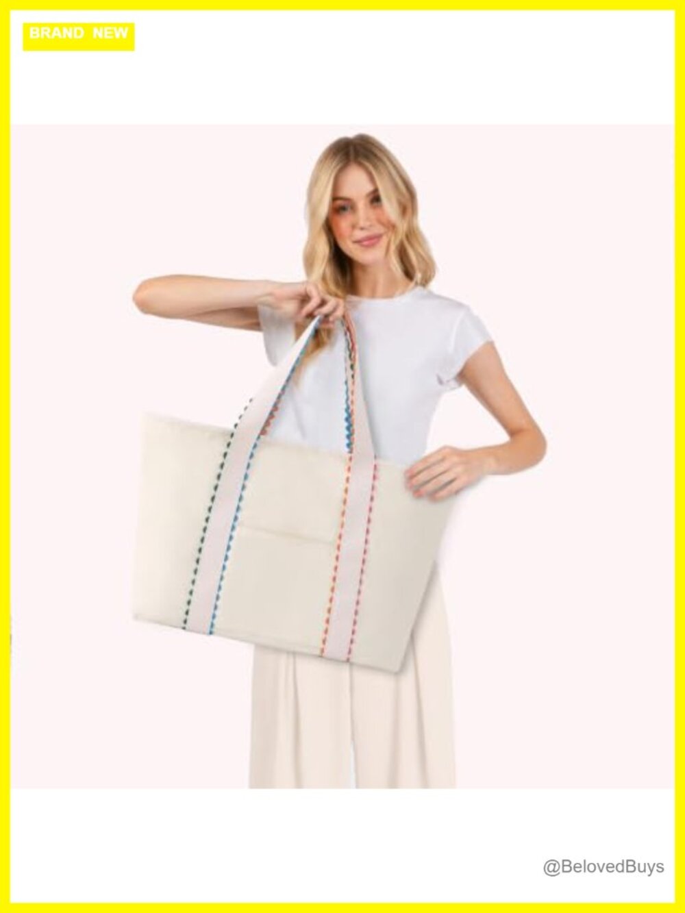 Large Cotton Canvas Tote Bag with Rainbow Rick Rack Trim, Magnetic Snap - Picture 2 of 6